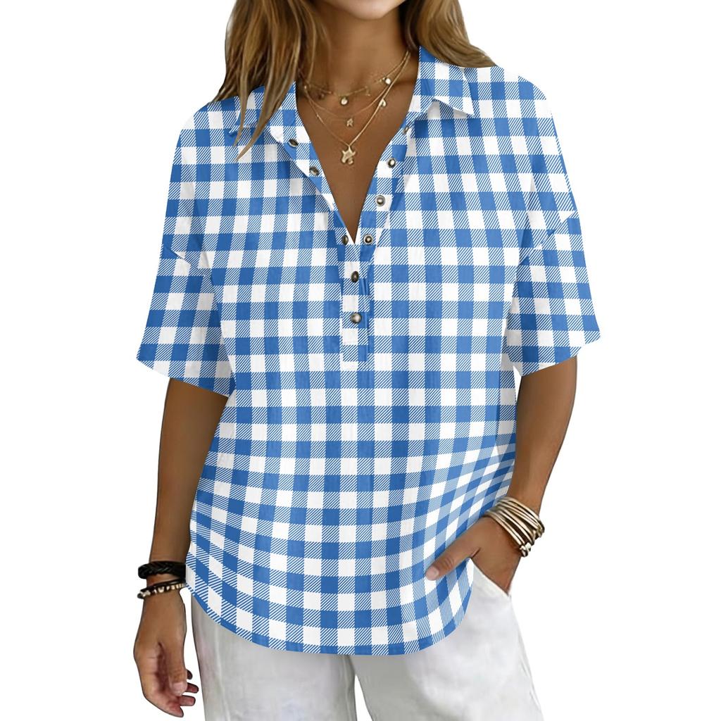 Women’s Turn Down Collar Button Up Vintage Print Short Sleeve Relaxed Fit Casual T Shirt Blouse Top for Everyday Wear