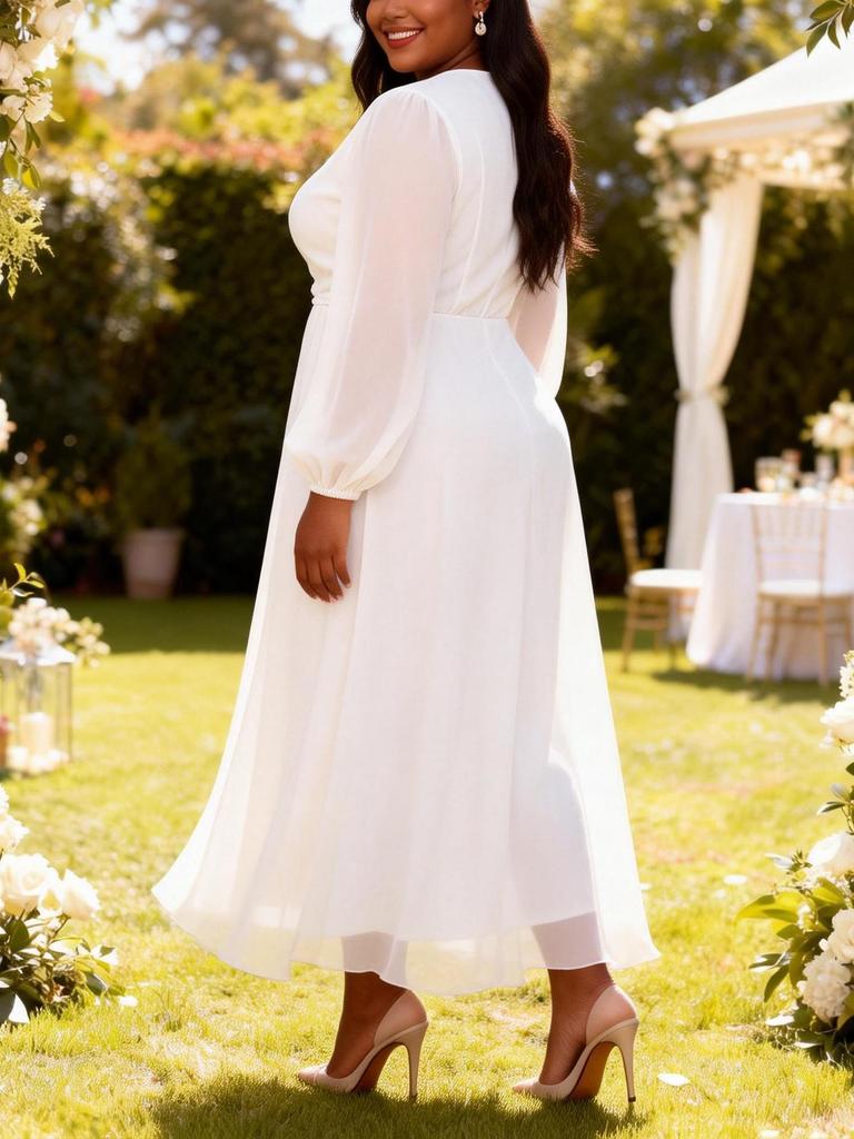 Weißes Spitzen-Chiffon-Kleid für Damen in Übergröße mit V-Ausschnitt, Fledermausärmeln & taillierter Taille für Hochzeiten oder Partys