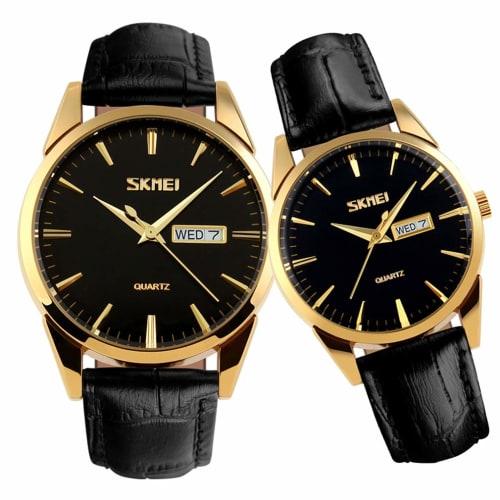 Popular couple's watches for men and women. Classic black leather strap, waterproof, luxury, perfect for weddings, anniversaries, or any special occas