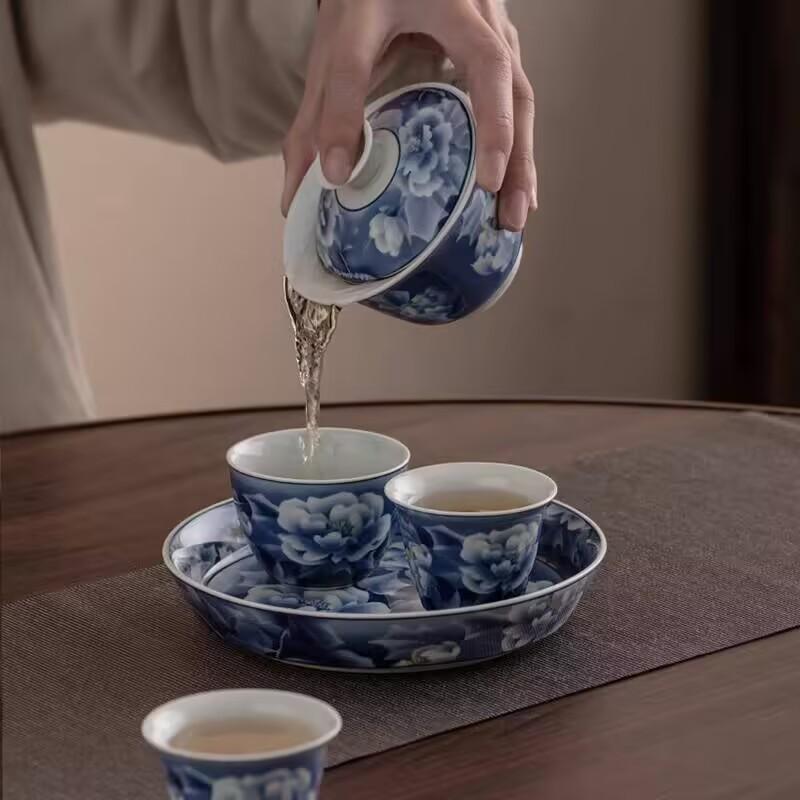 Blue And White Hibiscus Flower Single Three-Talent Cover Bowl Ceramic Teacup Master Cup Kung Fu Tea Set Guest Tea Bowl