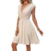 Spring Summer Women Mini Dress Casual Solid Short Sleeve Elastic Waist Beach Woman Vacation Style Sexy V-neck Lace Short Dresses