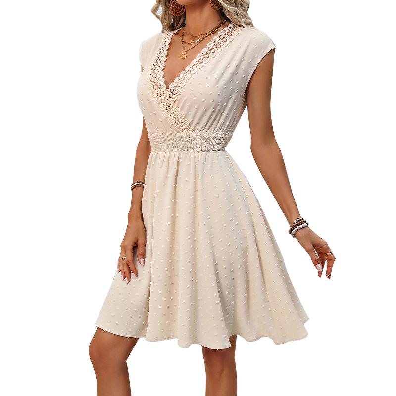 Spring Summer Women Mini Dress Casual Solid Short Sleeve Elastic Waist Beach Woman Vacation Style Sexy V-neck Lace Short Dresses