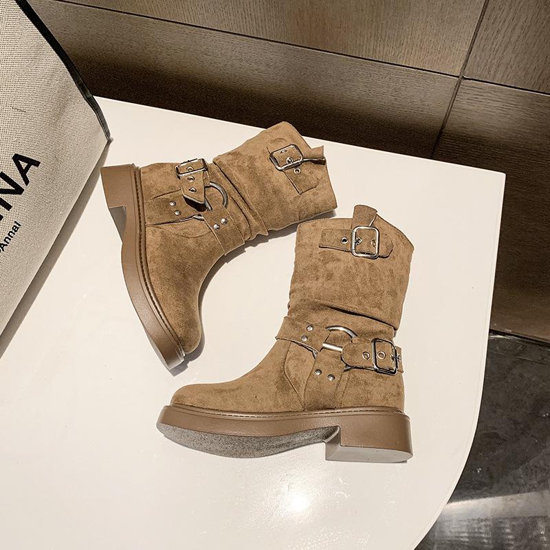 Frosted cowhide western cowboy boots women's genuine leather thick heel short boots retro square head brown high heel wasteland wind boots
