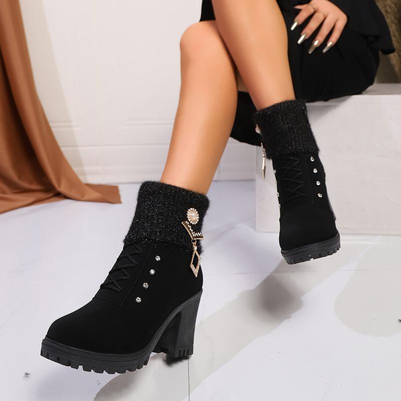 Winter New Rhinestone High Heel Thick Heel Fluffy Mouth Short Boots Velvet Martin Boots Women's Large Size Women's Shoes
