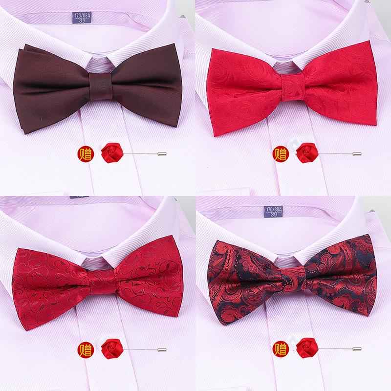 Men'S Korean Banquet Groom Wedding Best Man British Bow Tie Brooch Set Burgundy Bow Red Bow Tie