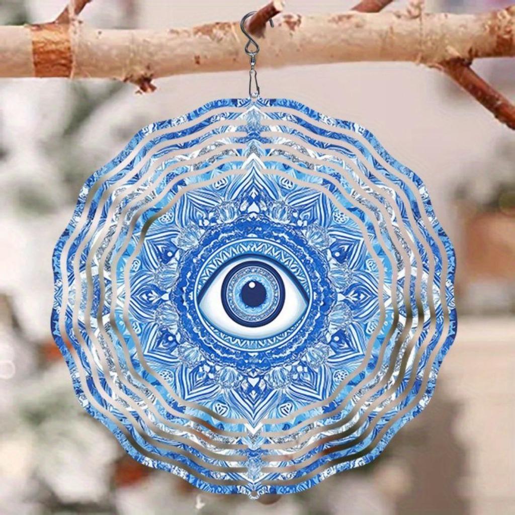 Evil Eye Wind Spinner 3D Metal Garden Decor Blue and White Design for Patio Yard Outdoor Thanksgiving Christmas Holiday No Power Needed