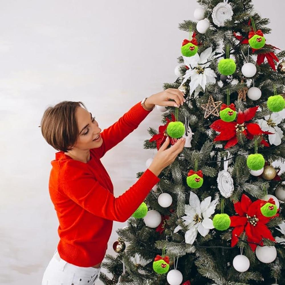 12Pcs Furry Green Plush Christmas Balls Soft Christmas Tree Hanging Decoration  Door