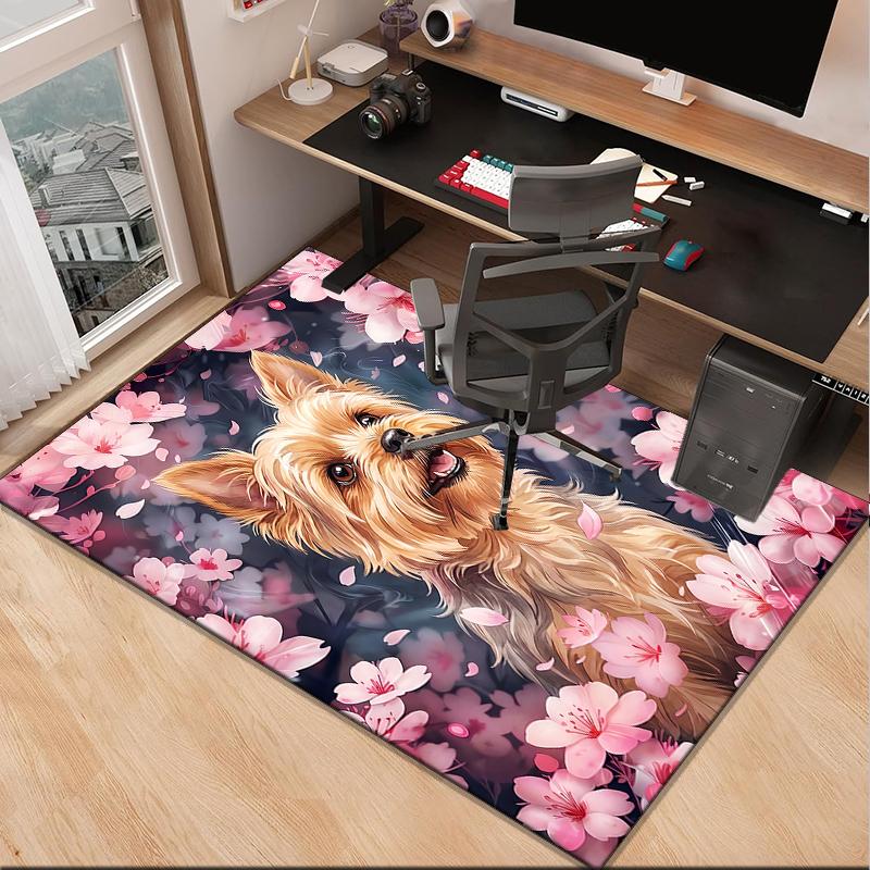 Cherry Blossom Yorkie Office Rug Chair Mat, Entryway Carpet, Suitable for Front Door, Bedroom, Living Room, Desk, Holiday Gift