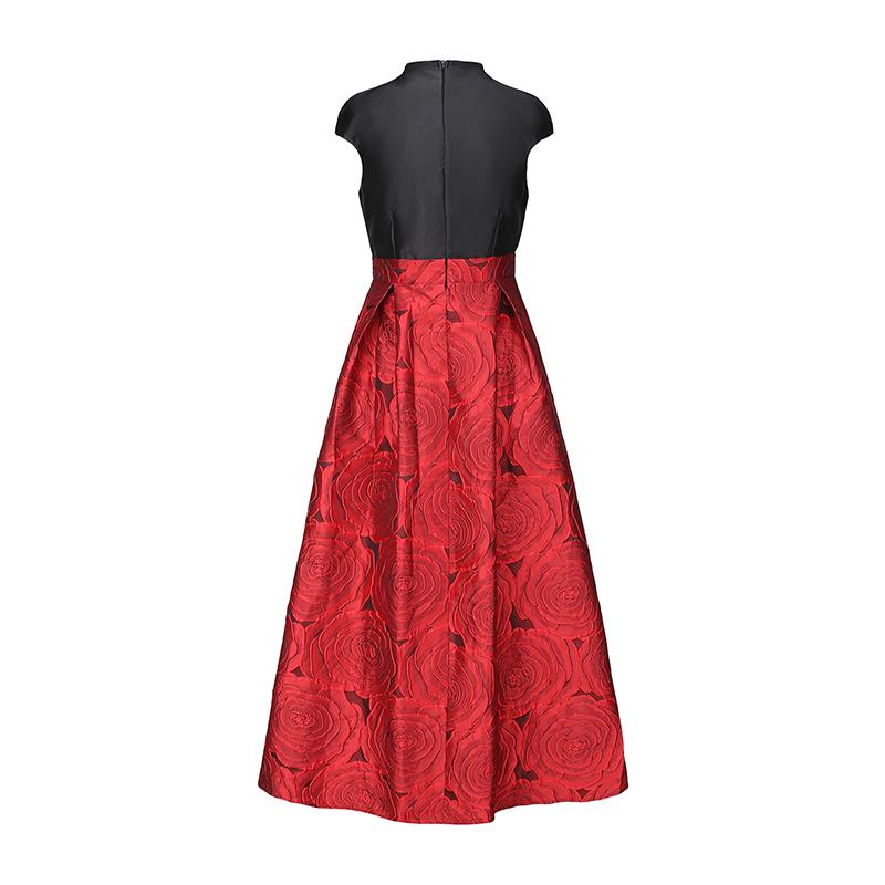 2026 Spring New Arrival Elegant V-neck Red and Black Patchwork Jacquard Wedding Party Dress