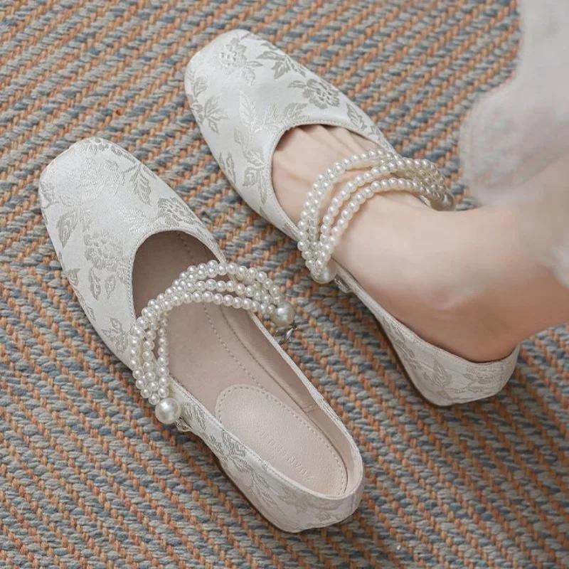 Fashion Low Heel Elegant Ladies Pumps Women's Shoes Square Toe Pearl Heels Mary Jane Gothic Japanese Style Lolita Quick Delivery Slip On