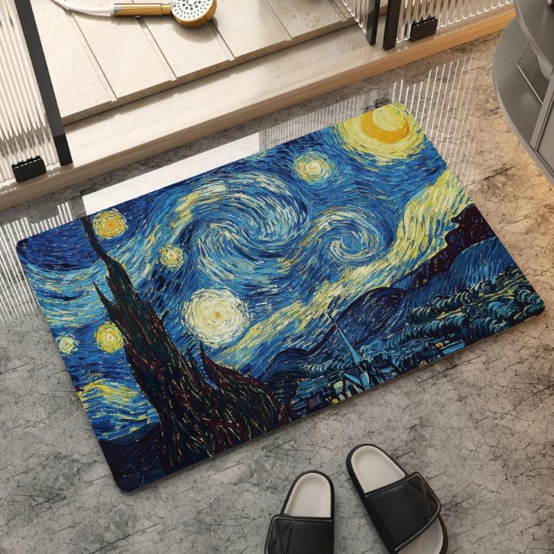 

Van Gogh Starry Moon Night Oil Painting Flannel Mat Bathroom Floor Mat Bathroom Home Absorbent Non-slip Carpet 50cmx80cm