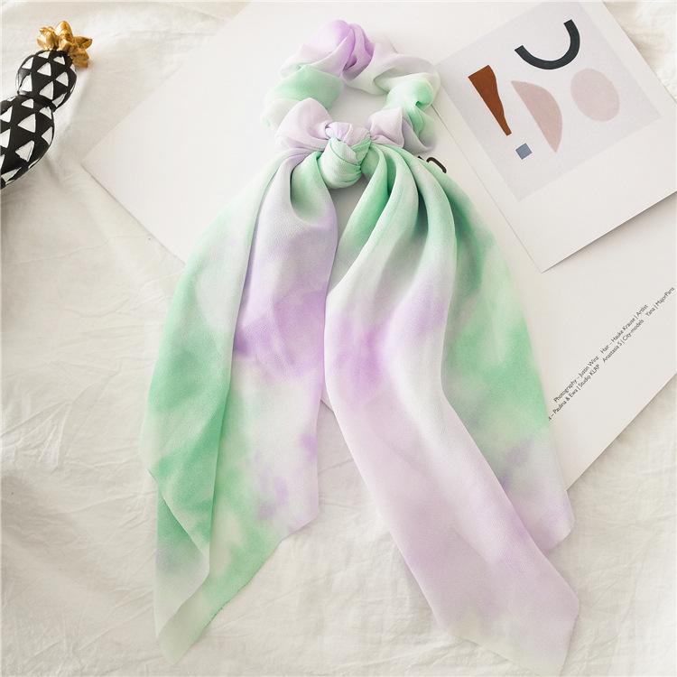 

Summer new thin tie-dye two-in-one chiffon hair tie with ribbon for women s updos Purple Green