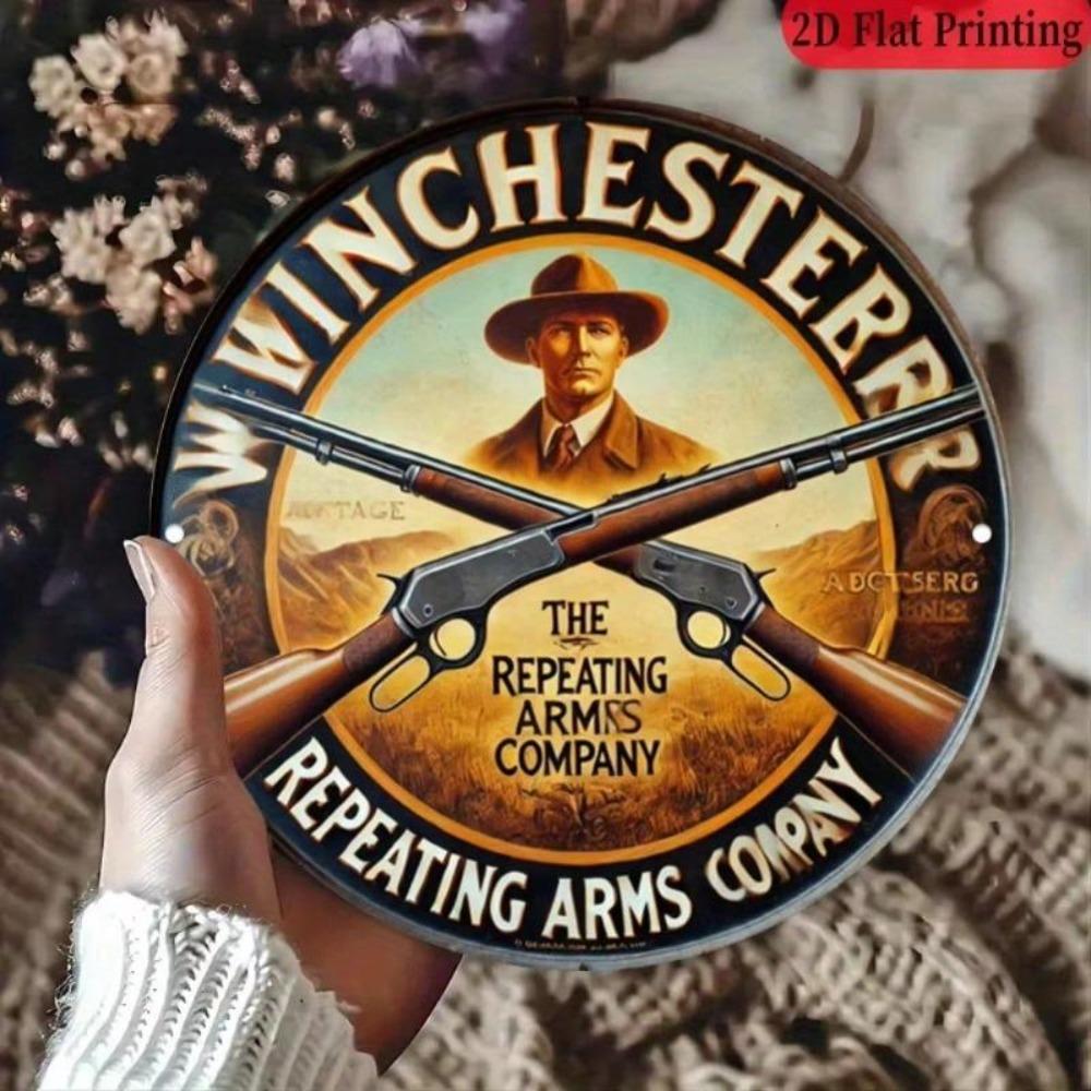 Winchester Repeating Arms Vintage 2D Aluminum Plaque Round Metal Sign Western Bar Home Shotgun Decor 8x8 Inch