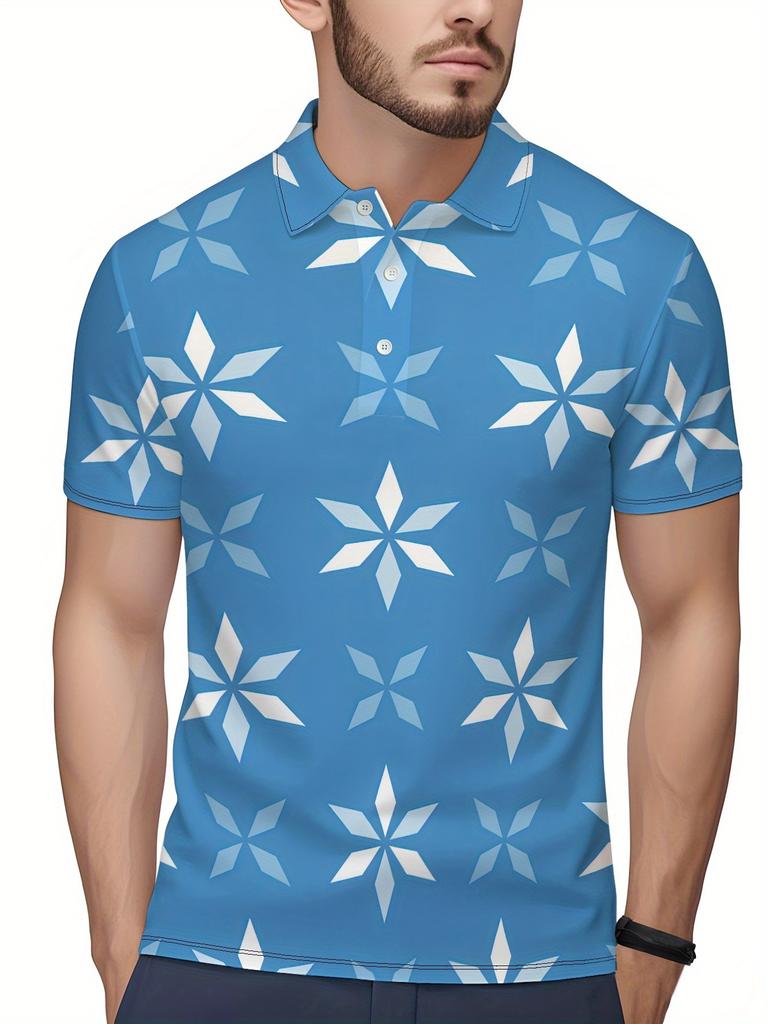 Men's Short-Sleeve Polo Shirt with Lapel Collar & Button Placket - Full-Body Christmas Print Button-Front Suitable for Dates, Beach Vacations, Machine