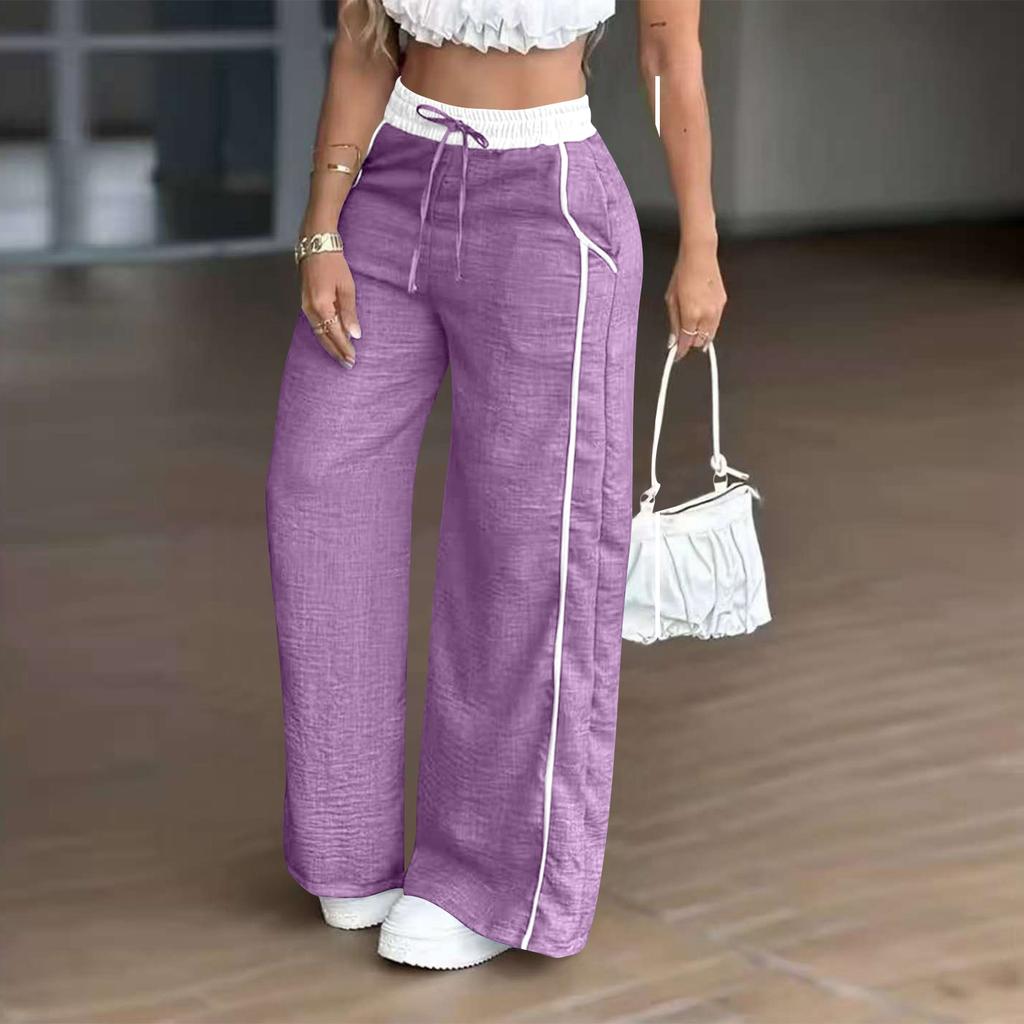 Women's Fashion Color Blocked High Waist Straight Leg Wide Leg Pants Pocket Casual Pants