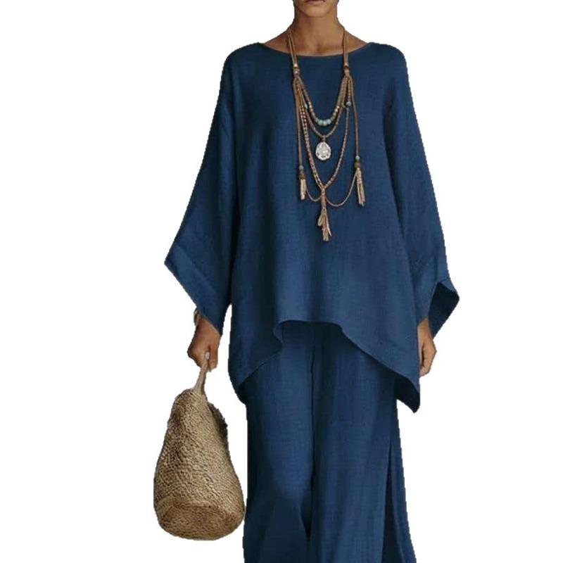 Women S Loose Casual Long Sleeve Shirt And Wide Leg Pants Set