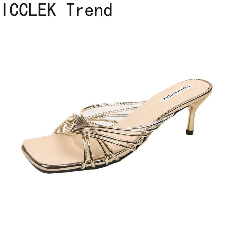 2025 New Summer Concise Narrow Band Women Slippers Fashion Thin Heels Party Pumps Mules Slide Shoes
