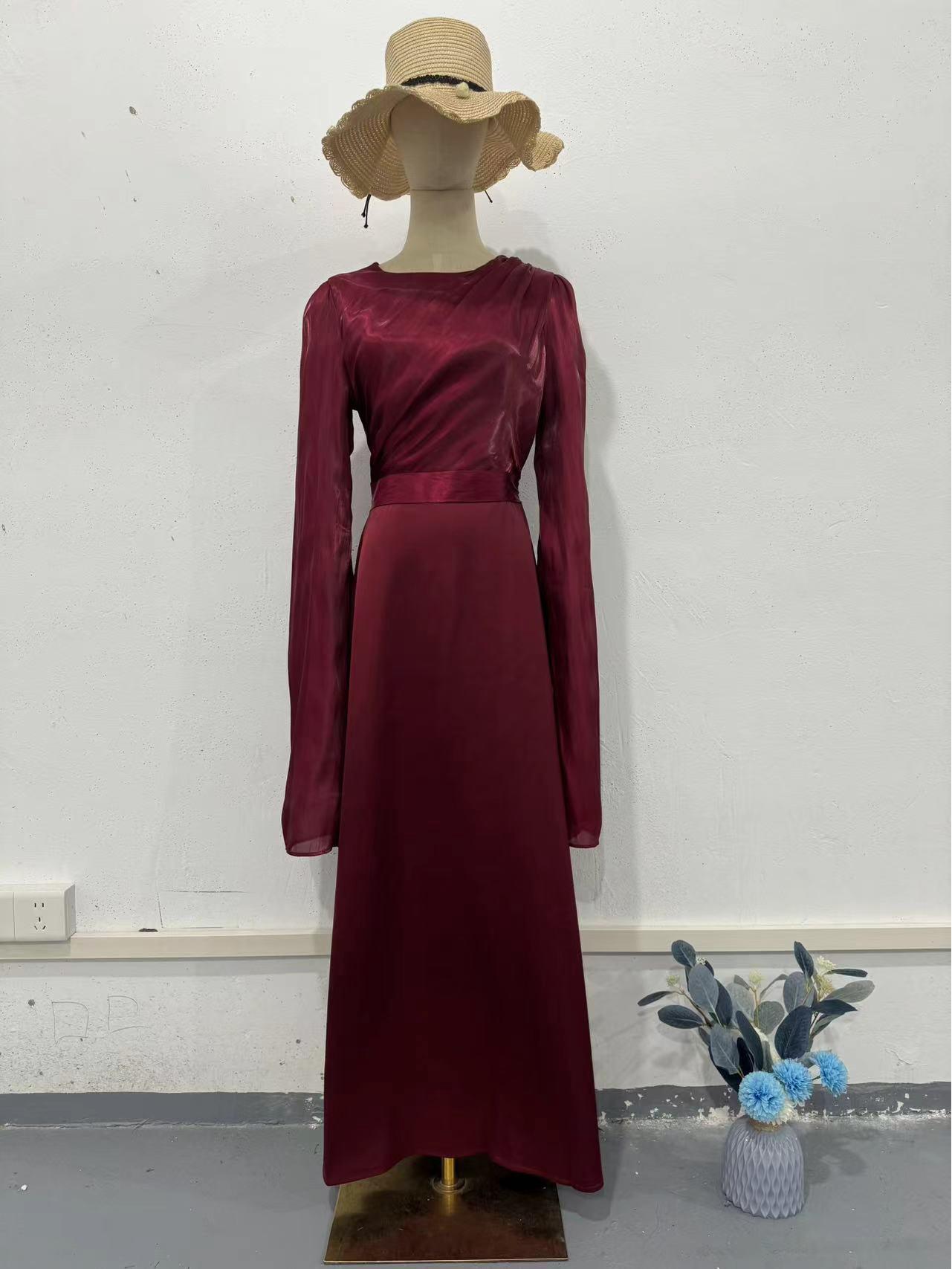 

2026 Spring Socialite Slimming Spliced Glass Yarn Long Sleeve Satin Dress Small