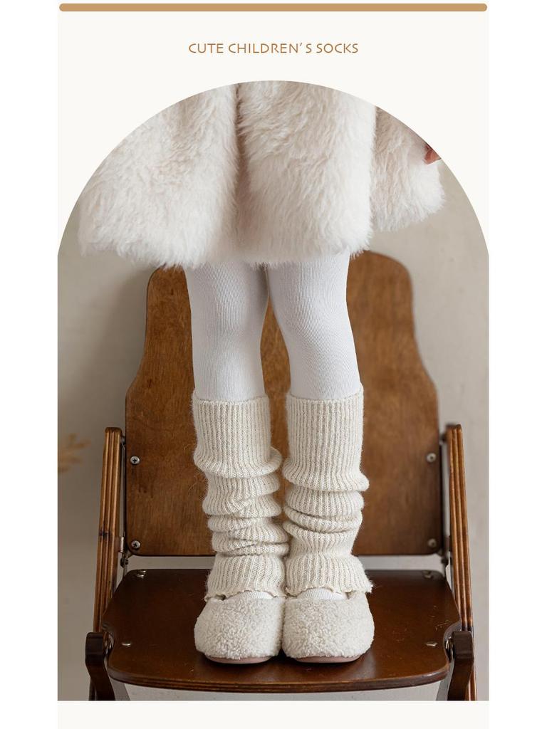 Children's Woolen Lace Ruffle Calf Covers – Warm, Thick, Solid Color for Autumn & Winter