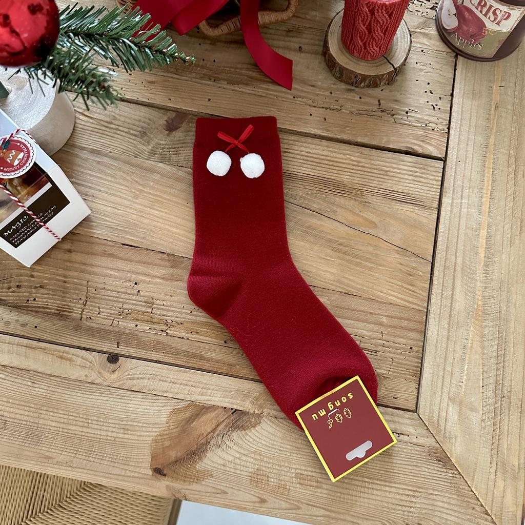 Songmu'S Ping An Xile Red Socks Polka Dot Medium Socks New Year'S Red Sox Niche Design Socks