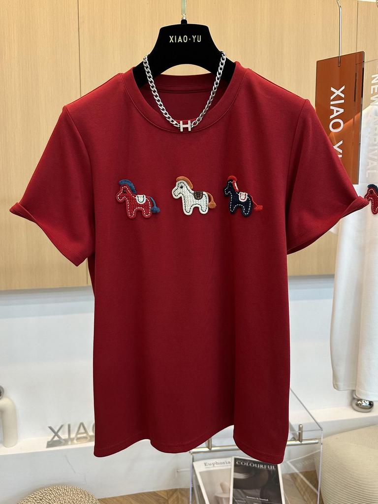 2026 Spring/Summer Women's Cartoon Embroidered Short Sleeve T-shirt - Stylish, Youthful Look