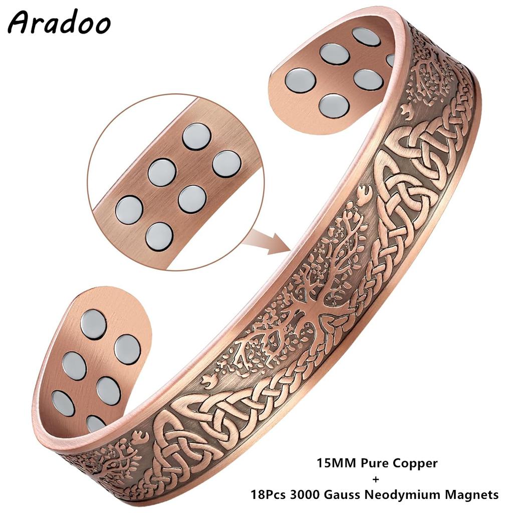 Pulsera de Cobre Premium Árbol de la Vida para Hombres Mujeres con 18 Piezas de Brazalete Magnético de Fuerza Joyería con Caja de Regalo