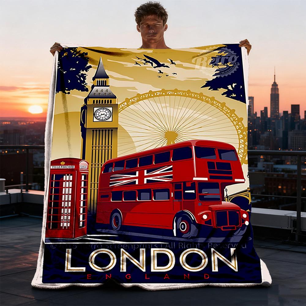 1 Stück London Bus, Big Ben Outdoor Flanelldecke Weiche Ganzjahres Polyesterdecke, Perfekt für Picknicks & Reisen, Picknickzubehör