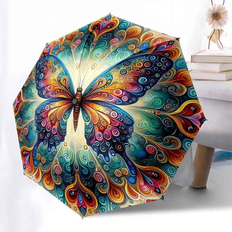 

1pc Colorful Butterfly Auto-Folding Umbrella - Portable 3-Fold Design with Iron Frame, Perfect for Outdoor Use, Festive Gifts, Travel, Daily Use, Suit