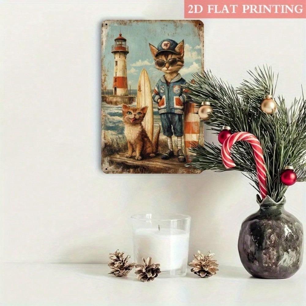 Vintage Nautical Cat Metal Wall Art, 8x12 Inch Lighthouse Iron Sign for Beach House Decor