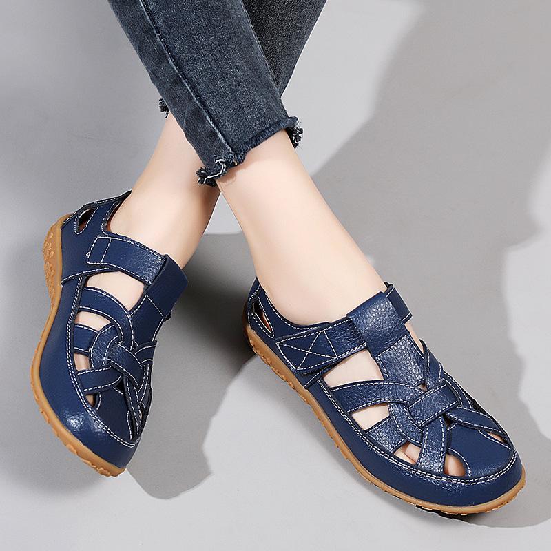Leather Cross-woven Comfortable Baotou Sandals with Velcro Flats Women's Sandals