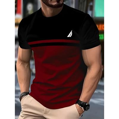 Summer Round Neck 3D Striped Color Blocked Pattern Print Top Fashionable Casual Short Sleeved Men's T-shirts