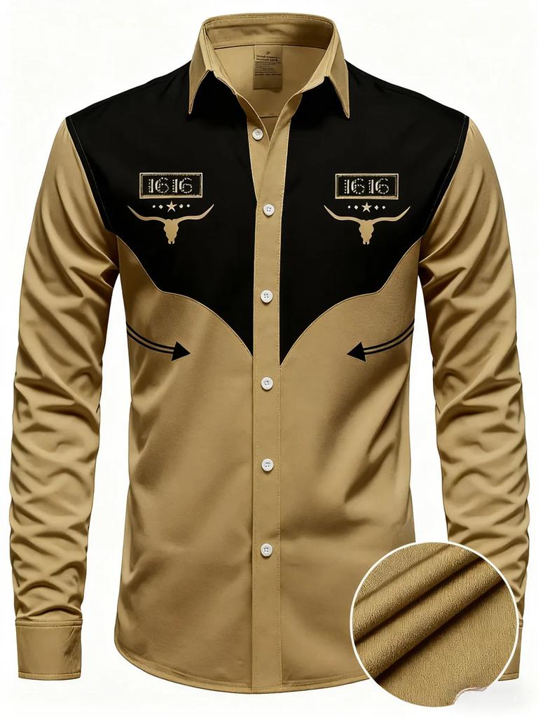 Western Style Long Sleeve Button-Up Shirt with Bull Skull & 9191 Graphic