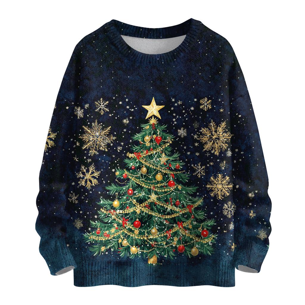 Ladies' Fashionable Casual Long Sleeved Beautiful Christmas Tree Print Round Neck Yarn Knitting
