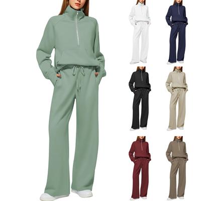 Spring and Autumn Women's Half Zip Sweatshirt Wide Leg Sweatpants Casual Set