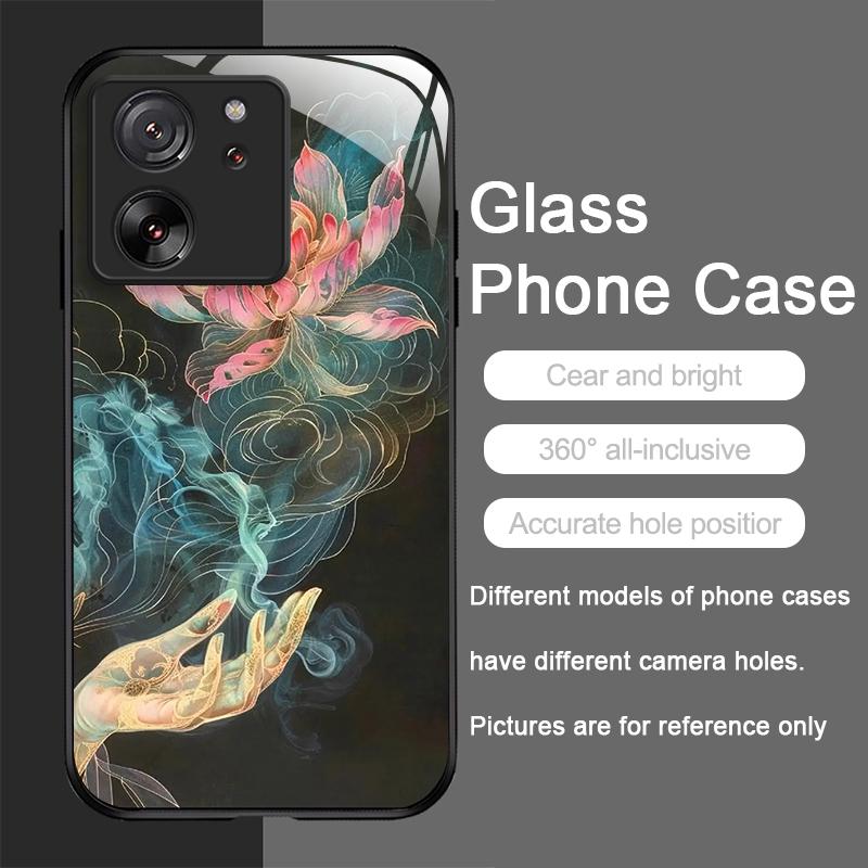 Artistic Lotus Flower Pattern Tempered Glass Phone Case for Motorola Moto G85 G84 G75 G55 G24 Edge 50 Fusion 40 Neo 30 Pro Cover