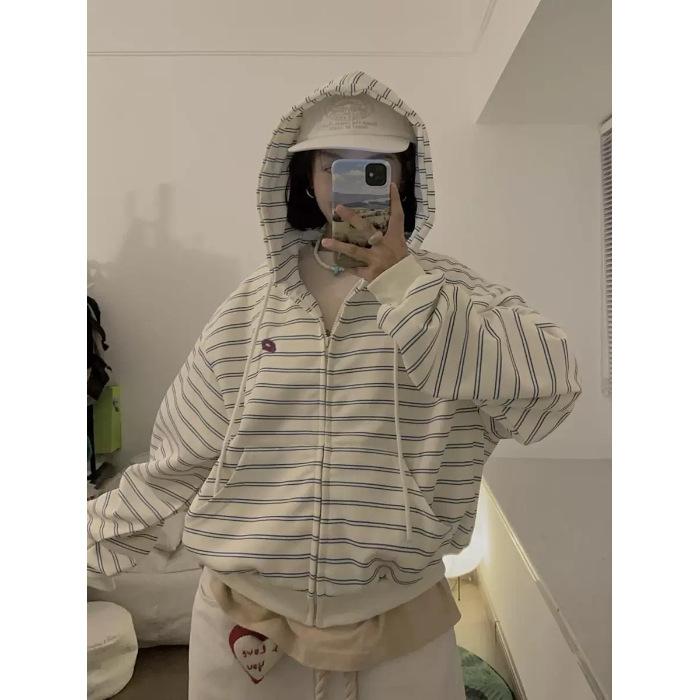 

Американский полосатый кардиган с капюшоном, толстовка для женщин, весна и осень, новый стиль, маленькая свободная повседневная куртка 2XL