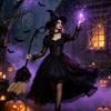 Halloween Party Decoration Witch Broom, Black Tulle Cosplay Costume, Gothic Festival Theme Prop Rose Skeleton Hand Broomstick for Party, Home