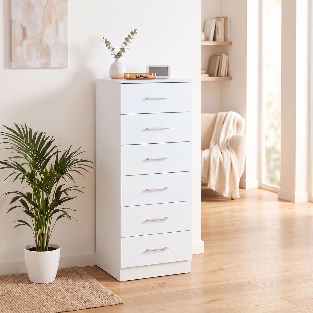 6 Drawer Dresser Tall Chest Of Drawers For Bedroom With Anti Tip 40x40x110 Cm White