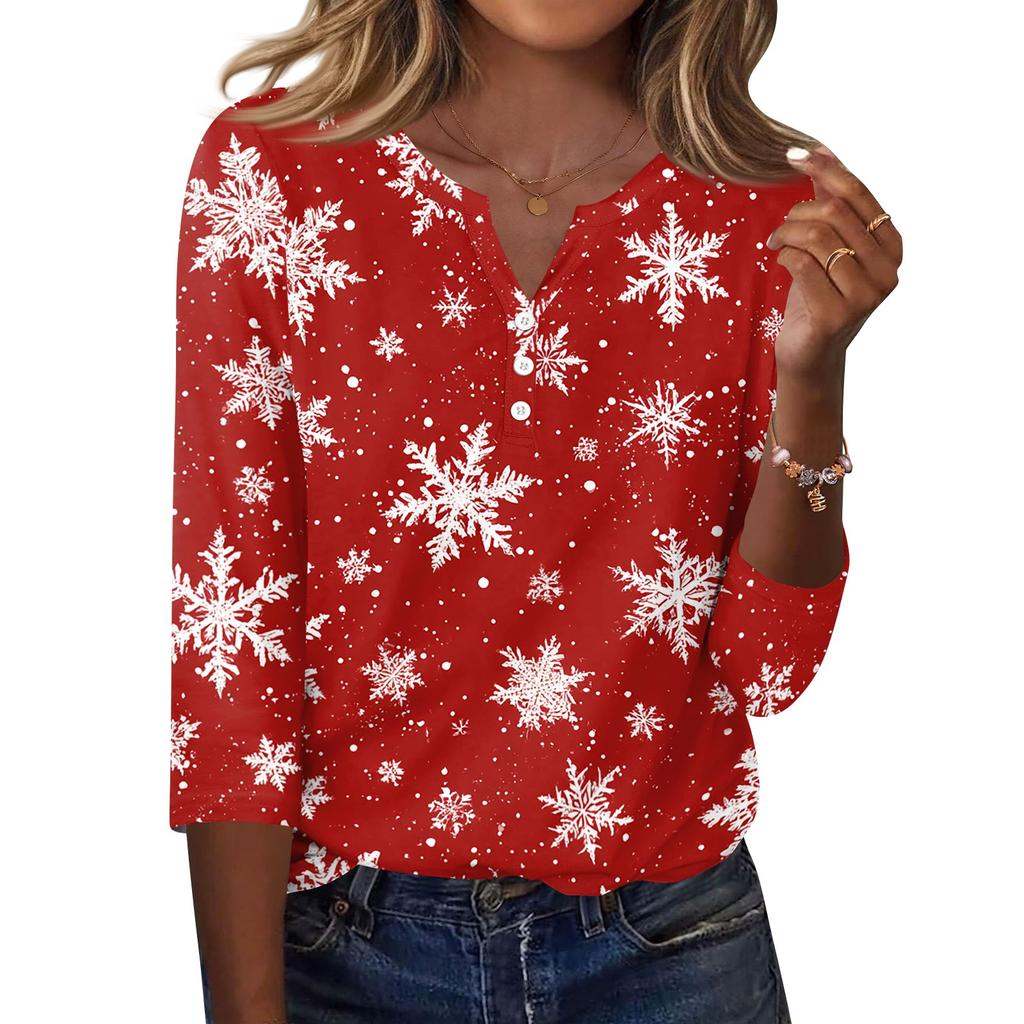 Women's Christmas Print V-Neck T-Shirt with Button Three-Quarter Sleeve Casual Top