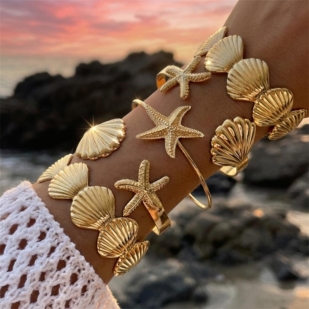 Summer Starfish Shell Open Cuff Bracelet 5-Piece Set Beach Vacation Style Accessory Fashion Vintage Daily Accessory
