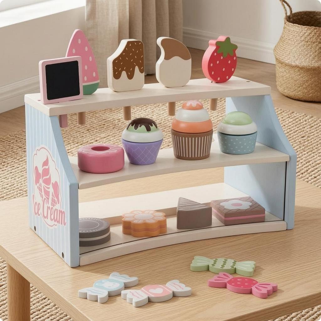 Wooden Dessert Shelf ThreeTier Pretend Accessible Front Tea Party Play Set for