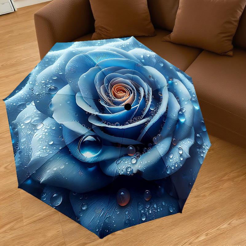 1PC Blue Rose Waterdrops Umbrella-8-Rib Reinforced, Automatic Open, Lightweight & Durable, Cute Fashion Accessory for Outdoor-P103