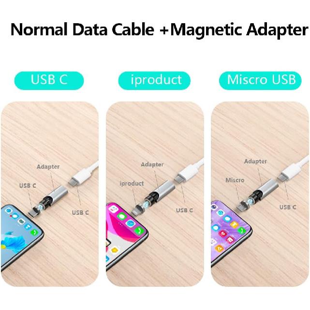 360°&180° Rotation Magnetic USB C Adapter 3 in 1 USB C Magnetic Adapter 3A Fast Charging QC3.0 480Mbps Data Transfer, Silver