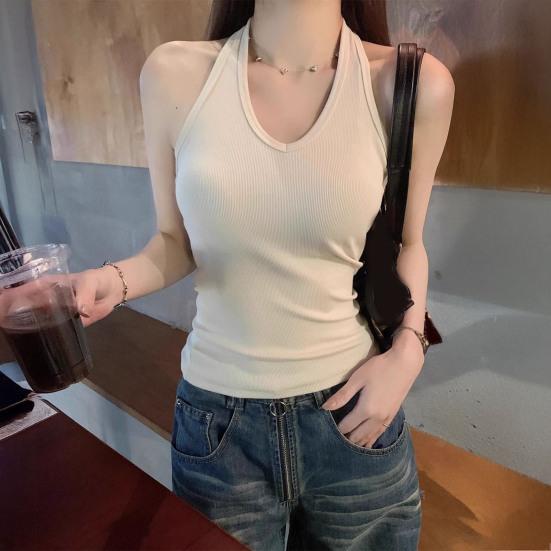 Women Tops Halter Sleeveless Backless Tank Tops Solid Color Slim Fit Base