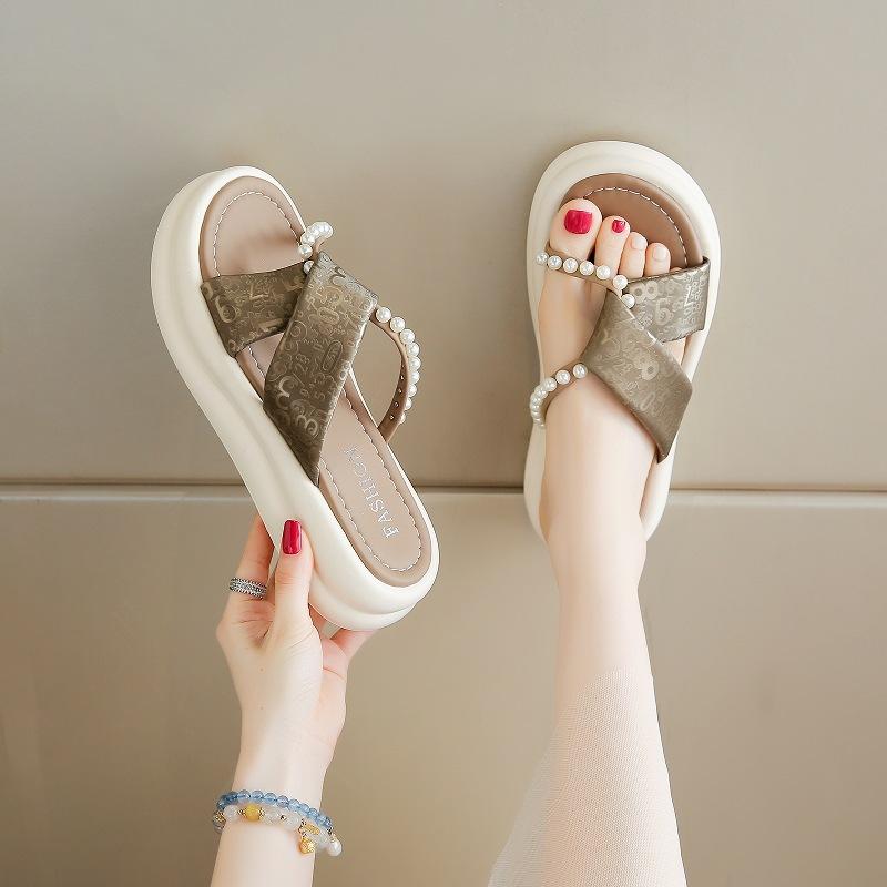 Cool Slippers 22 Summer New with Skirt Fairy Wind Beaded Thick Bottom Crossed Beach Slippers