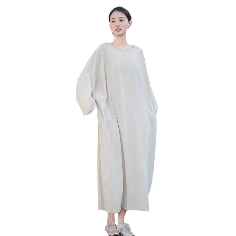 Johnature Woman Autumn Vintage Chinese Style Loose Dress Solid Color O-Neck Retro Casual Dress
