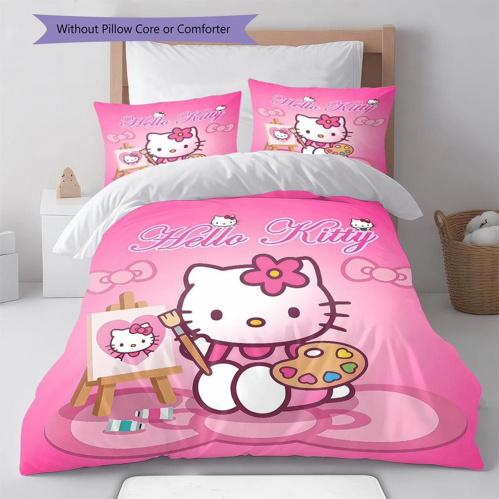 Hello Kitty Cute Pattern Bedding,Quilt Set Quilt Cover Pillowcase Home Birthday Gift(1 * Duvet Cover + 2 * Pillowcase, Without Core)