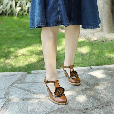 Pompi retro Pantofi de dama Piele naturala Pictati manual Floare Vintage Mary Jane Pantofi cu toc inalt