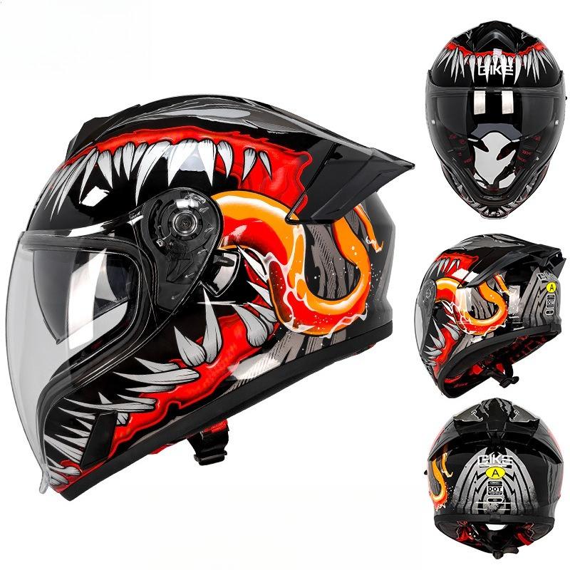 Qike Locomotive Helmet Men and Women Double Lenses Big Tail 3C Motorcycle Riding Winter Cool Personalized Safety Full Helmet