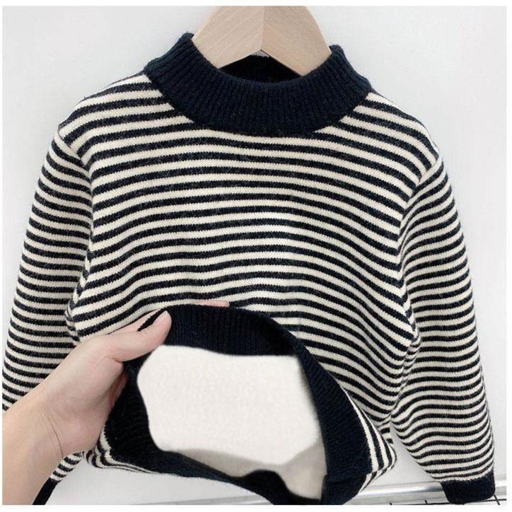 

Свитер-пуловер для мальчиков с бархатом, осенние и зимние стили, стильный цельный бархатный полосатый вязаный базовый свитер для девочек и детей 120
